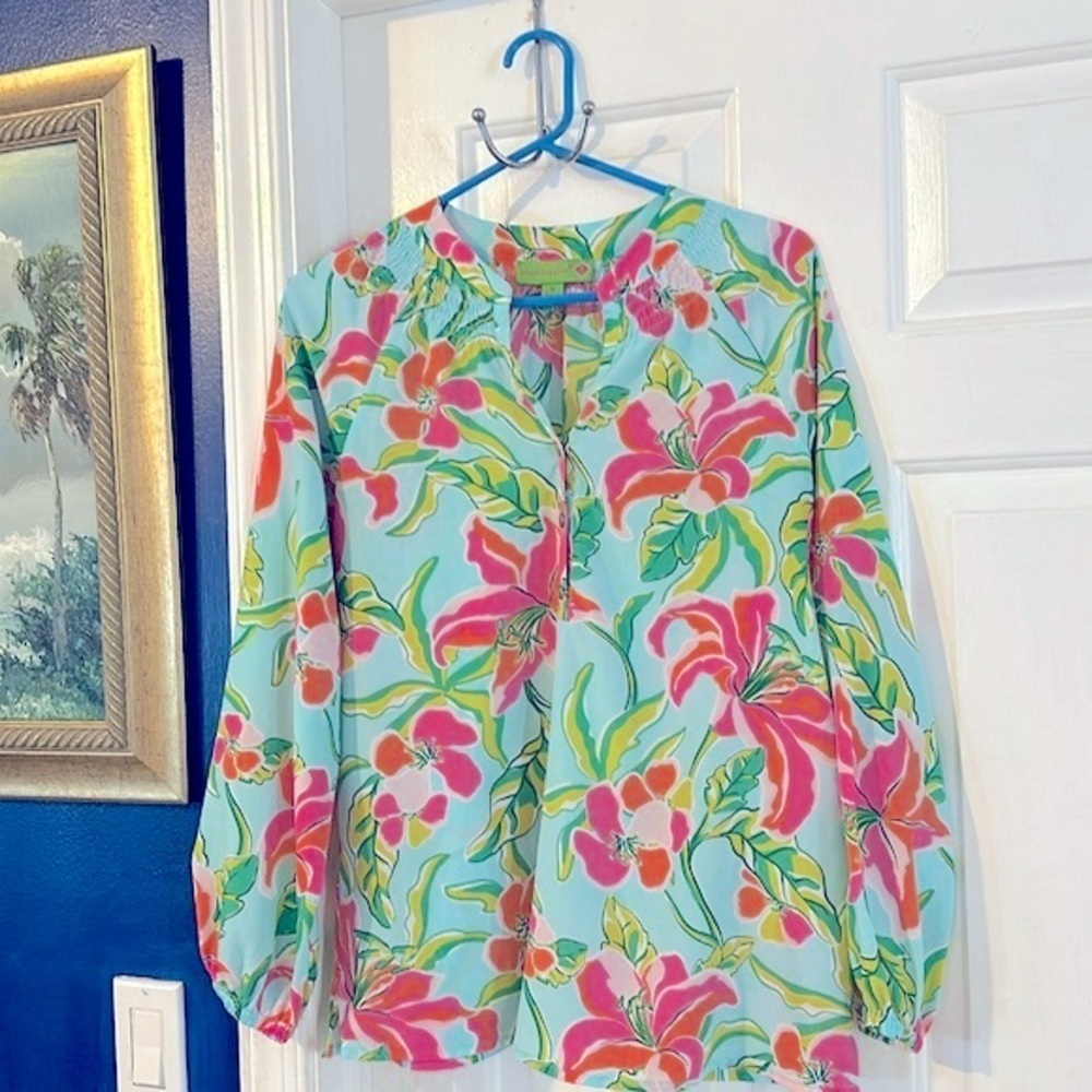 Women’s Island Republic Blue & Pink Floral 100% Polyester Long Sleeve Blouse
